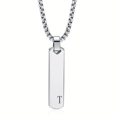 Letter Necklace Pendant Made of Stainless Steel, Featuring a Laser-Etched Design of 26 Letters, Polished for a Stylish 3D Rectangular Look, Suitable for Men.