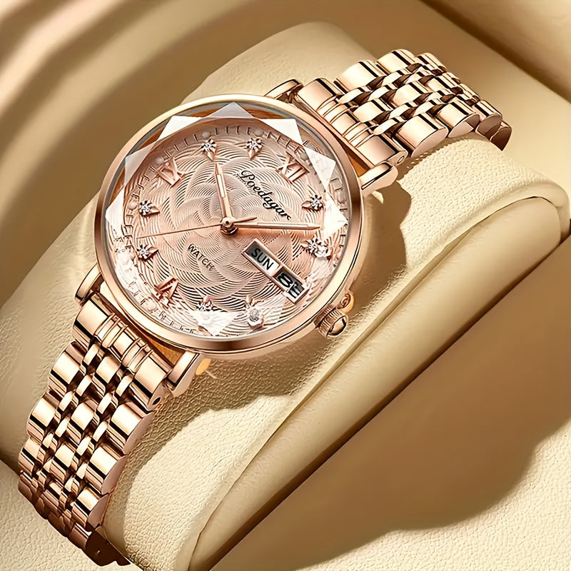 POEDAGAR Women's Fashion Casual Round Analog Quartz Wrist Watch, Luminous Hands, 3ATM Water Resistant, Alloy Case & Strap, with Calendar Feature