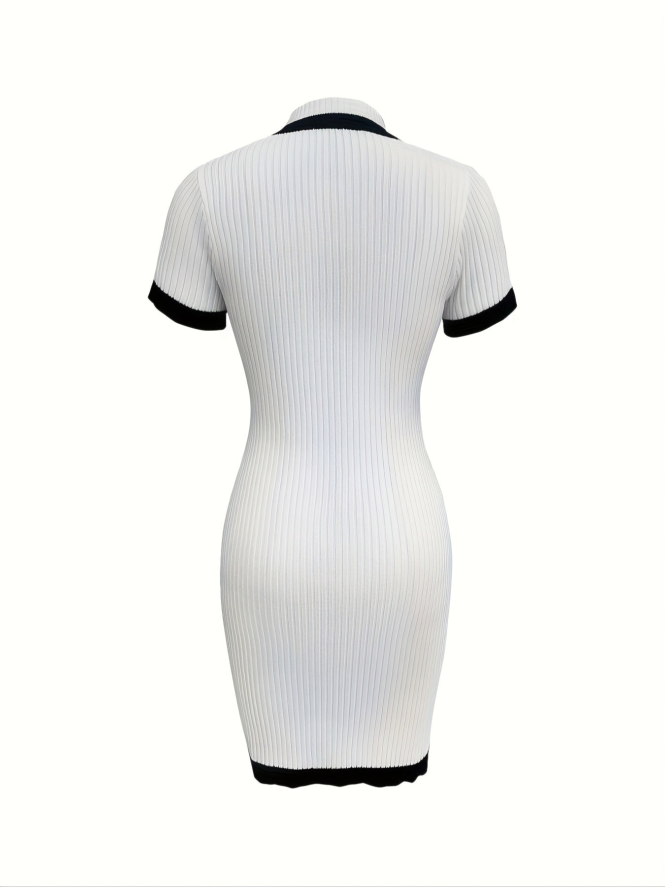 Elegant Ribbed Contrast Trim Bodycon Dress - Stand Collar, Pencil Style, Color Block Detail, Black with White Accents, Stylish Evening Attire, Evening Dress|Stylish Stand Collar|Ribbed Texture