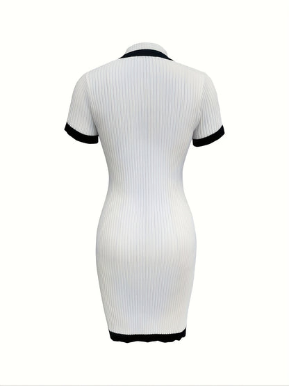 Elegant Ribbed Contrast Trim Bodycon Dress - Stand Collar, Pencil Style, Color Block Detail, Black with White Accents, Stylish Evening Attire, Evening Dress|Stylish Stand Collar|Ribbed Texture