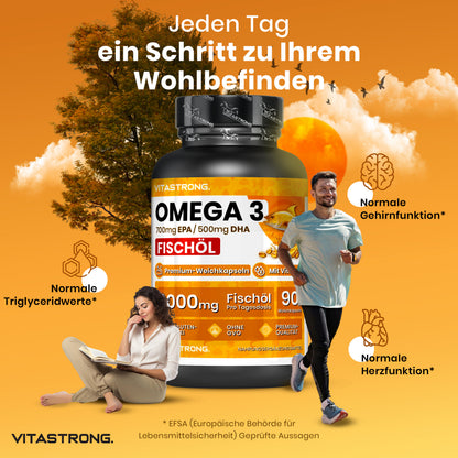 Omega-3 Fish Oil 2000mg High Potency with Vitamin E, Unflavored – Omega-3 Fish Oil with 700mg EPA & 500mg DHA, Pure Omega-3 Supplement for Heart, Brain & Vision Health