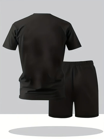 Summer Men's Casual Sport Short Sleeve T-Shirt and Shorts Set, Knitted Polyester Fabric, Comfortable Breathable, Suitable for Outdoor Jogging Running Fitness, KARL KANI Letter Print Design - 2pcs