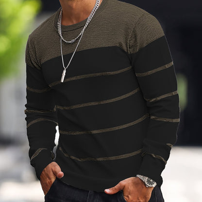 Men's Casual Striped Knit Pullover Sweater - Navy & White Contrast, Regular Fit H-Silhouette, Long Sleeve Crew Neck, Medium Stretch, Machine Washable for Spring & Fall, Mediumstretch Fabric