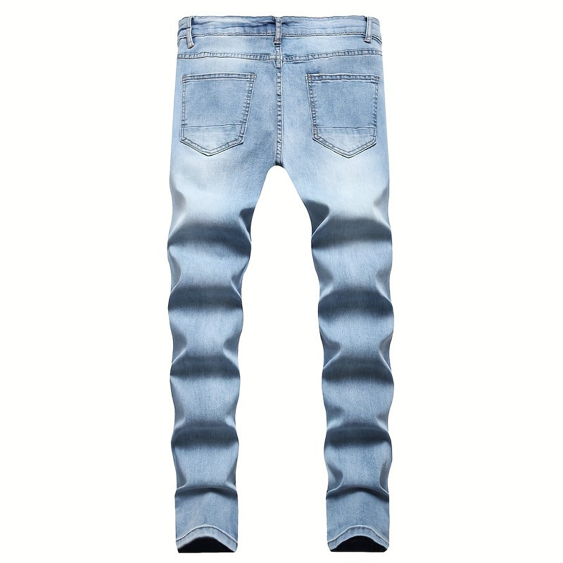 Men'S Slim-Fit Distressed Denim Jeans - Trendy Ripped Knee-Length Casual Pants, Light Blue Raw Wash, Comfortable Stretch Fabric for All-Season Wear, Everyday Fashion, Fashionforward Design, Durable Fabric Construction
