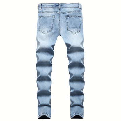 Men'S Slim-Fit Distressed Denim Jeans - Trendy Ripped Knee-Length Casual Pants, Light Blue Raw Wash, Comfortable Stretch Fabric for All-Season Wear, Everyday Fashion, Fashionforward Design, Durable Fabric Construction