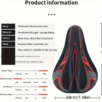 Soft & Thickened Gel Bike Seat Cushion - Fit for, Adjustable Unisex Saddle for Mountain & Road Bikes, Comfortable Silicone Padding for Enhanced Riding Experience, Black with Blue/Red Accents, Mountain Bike Accessories