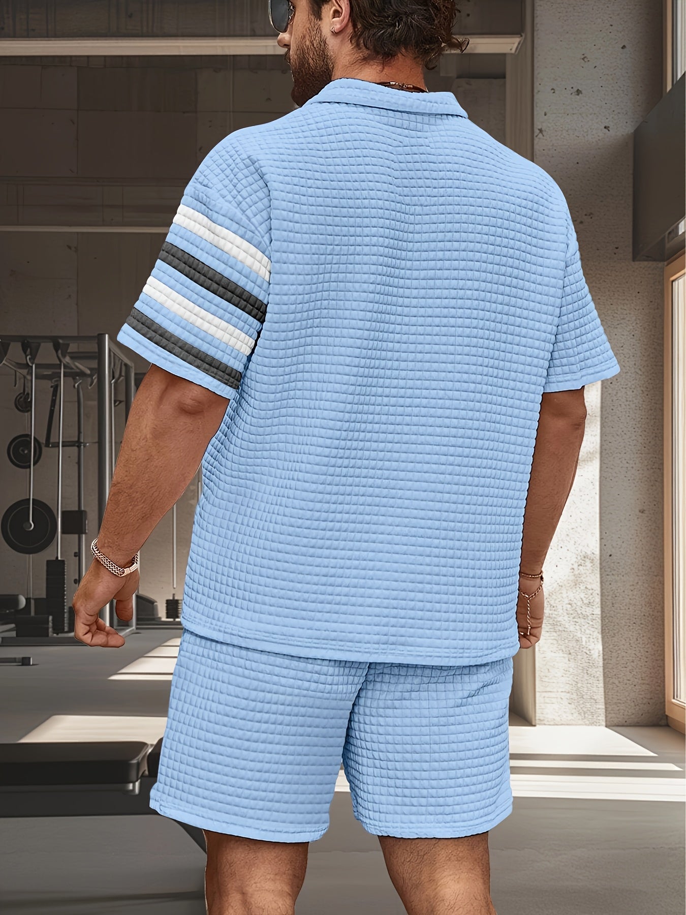 Men'S Sporty Casual Polo Shirt & Shorts Set - Quick-Dry, Breathable, Digital Red Stripe Design, Short Sleeve, Polyester Blend, Ideal for Spring/Fall Workouts, Casual Attire|Striped Shorts|Polyester Blen
