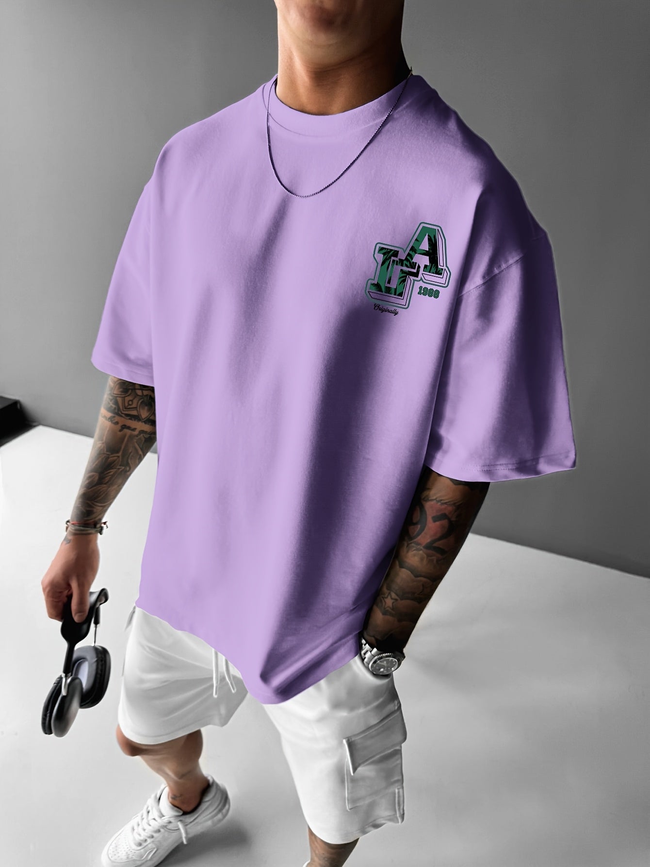 Men'S Casual Y2K LA Graphic T-Shirt - Bold Oversized "LA" Letter Print, Comfortable & Breathable with Slight Stretch, Perfect for Home & Outdoor Activities, Spring/Summer Fashion, Machine Washable, Loose Fit Short Sleeve Crew