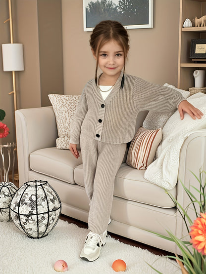 Girls' Spring/Autumn New Fashionable Long-Sleeve Knit Cardigan and Pants Two-Piece Set, Perfect for Outdoor