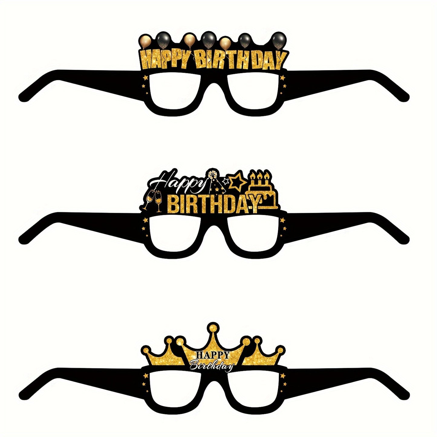 6pcs Happy Birthday Glasses - Golden & Black Novelty Eyewear Party Photo Props with Crown & Balloons Design, Perfect for Birthday Celebrations & Photo Booths, Birthday Accessories | Celebratory Eyewear | Durable Paper Props,