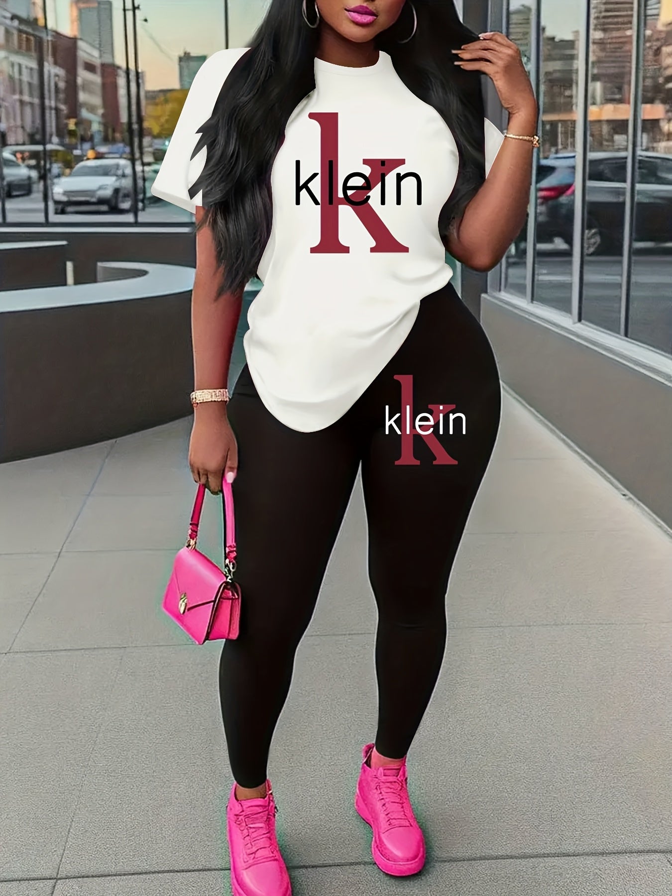 Women'S "Klein" Print Short Sleeve T-Shirt & Black Pants Two-Piece Set - Casual, Stretchy Fabric, Pink & Black Design, Spring/Summer Casual Wear, Casual Attire|Graphic Tee|Stretchy