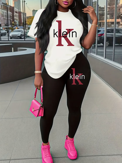 Women'S "Klein" Print Short Sleeve T-Shirt & Black Pants Two-Piece Set - Casual, Stretchy Fabric, Pink & Black Design, Spring/Summer Casual Wear, Casual Attire|Graphic Tee|Stretchy