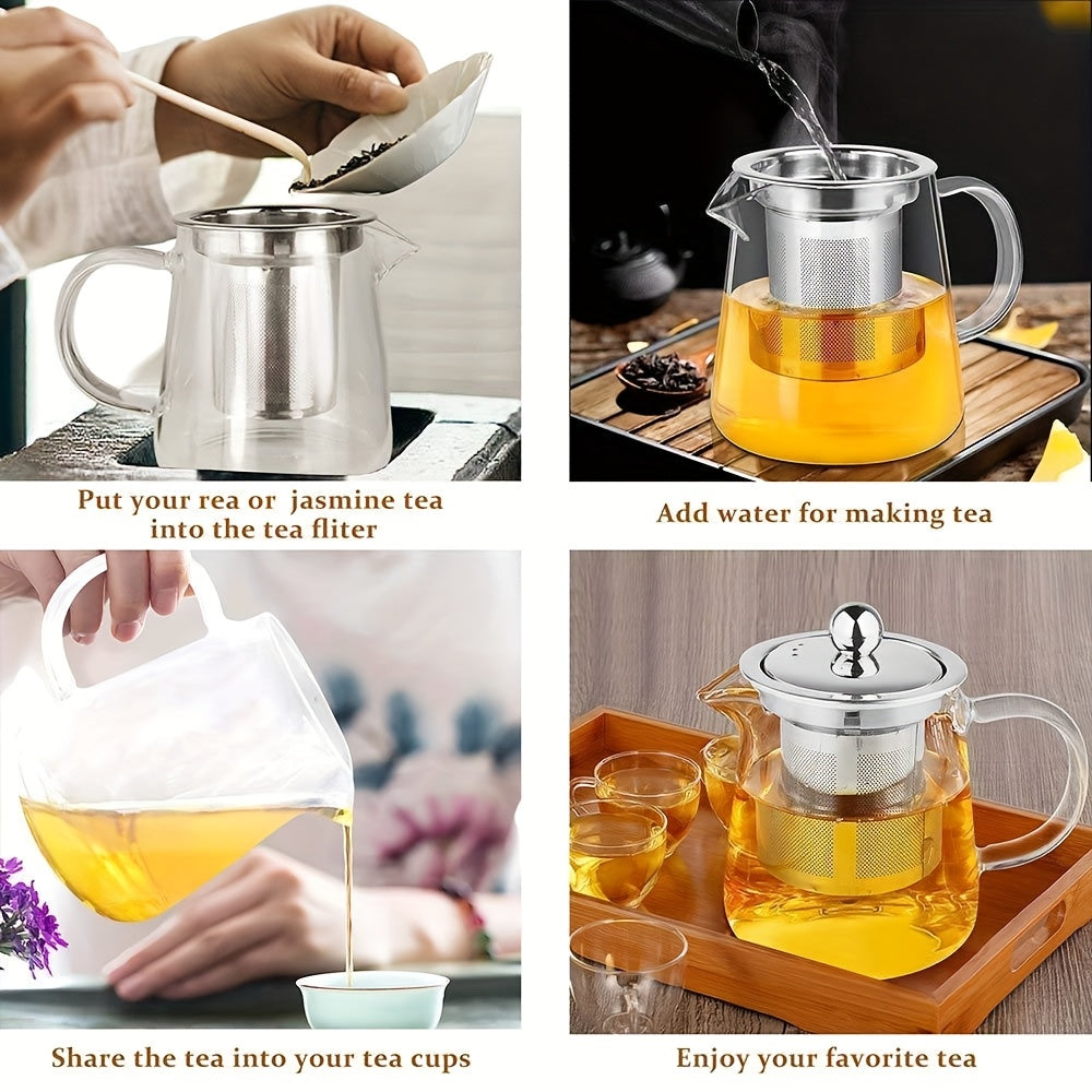 1pc Thick High-Temperature Resistant Glass Teapot with Stainless Steel Filter, Large Capacity for Herbal Tea, Black Tea, and Flower Tea - Ideal for Home Use, No Electricity Required, Home Tea Brewing | Elegant Teapot Design |