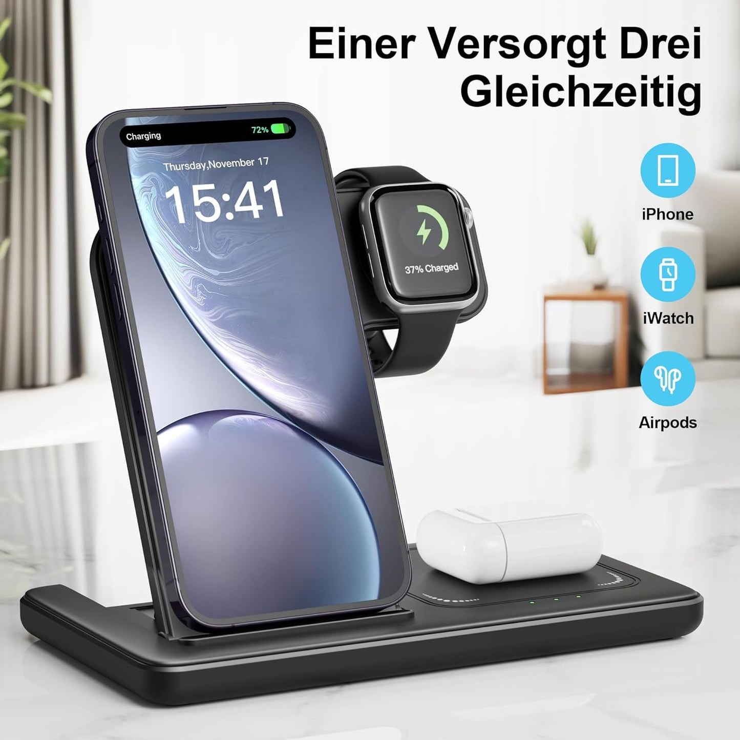 wireless charger, 3 in 1 Charging Station, With Adapter，15W Qi ladestation Fast Foldable Magnetic Stand Dock Replacement for iPhone 16 15 14 13 12 11 Pro Max XS XR X, iWatch 10 9 8 7 6 5 4 3 SE, AirPods 4 3 Pro (With Adapte