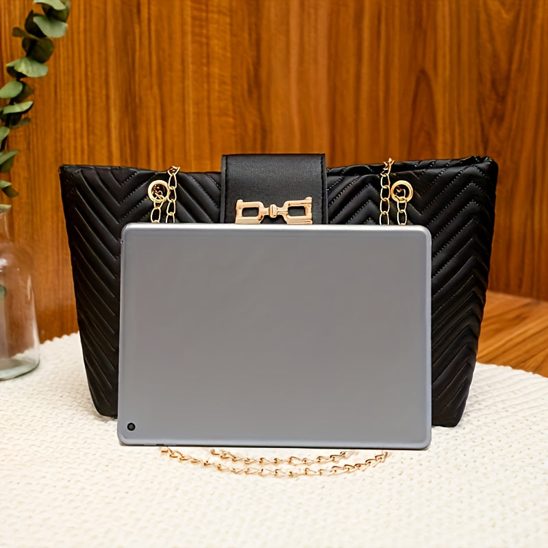 's Closure Crossbody Bag with Golden-Tone Hardware - Glossy Button & Golden-Tone Hardware, Golden-Tone Hardware & Strap, Structured Rectangular Handbag with Top Handle & Chain Strap - Lightweight Durable Design for Daily Comm