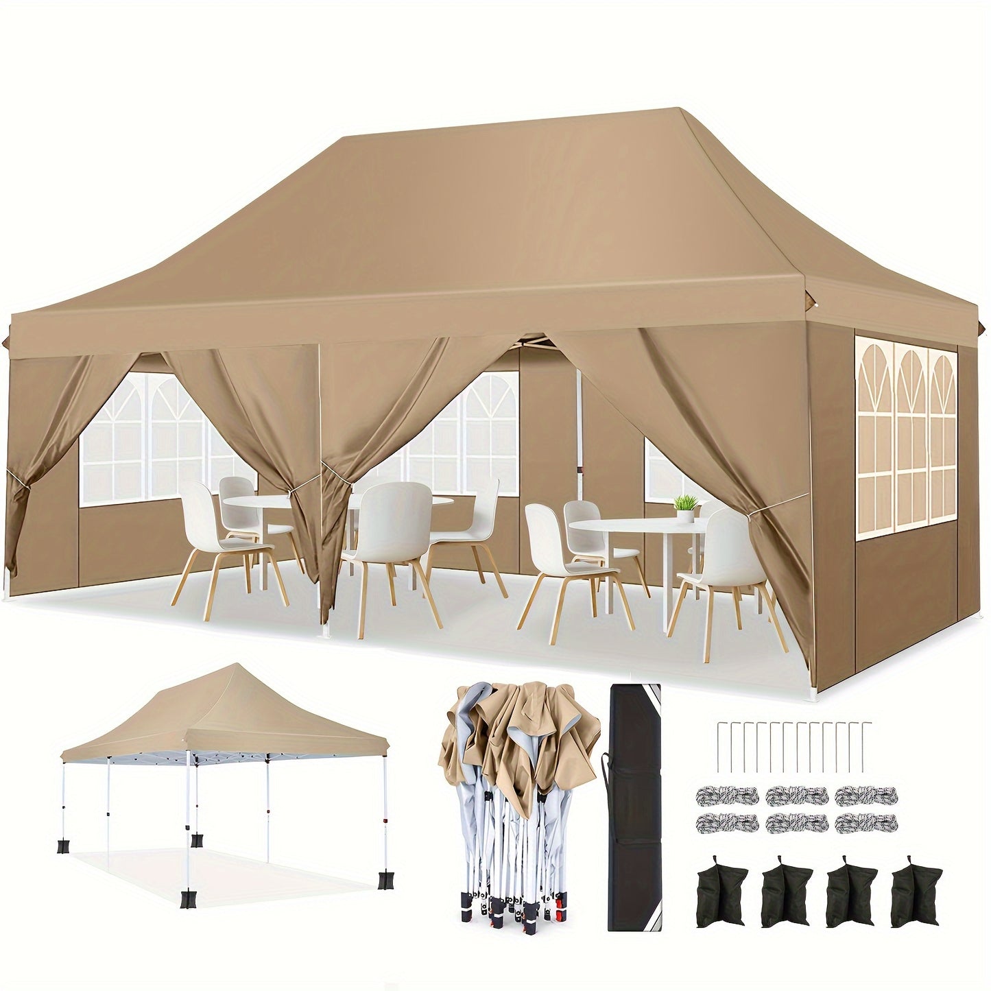 3x6m/3.05x3.05m Pop-up Tent With 6 Removable Side Walls Or 4 Removable Side Walls, With/without Sandbags, Style Optional, Suitable For Party Weddings, Garden Pavilion For Beach Wedding Camping Instant Awning, Upgraded Roof, W