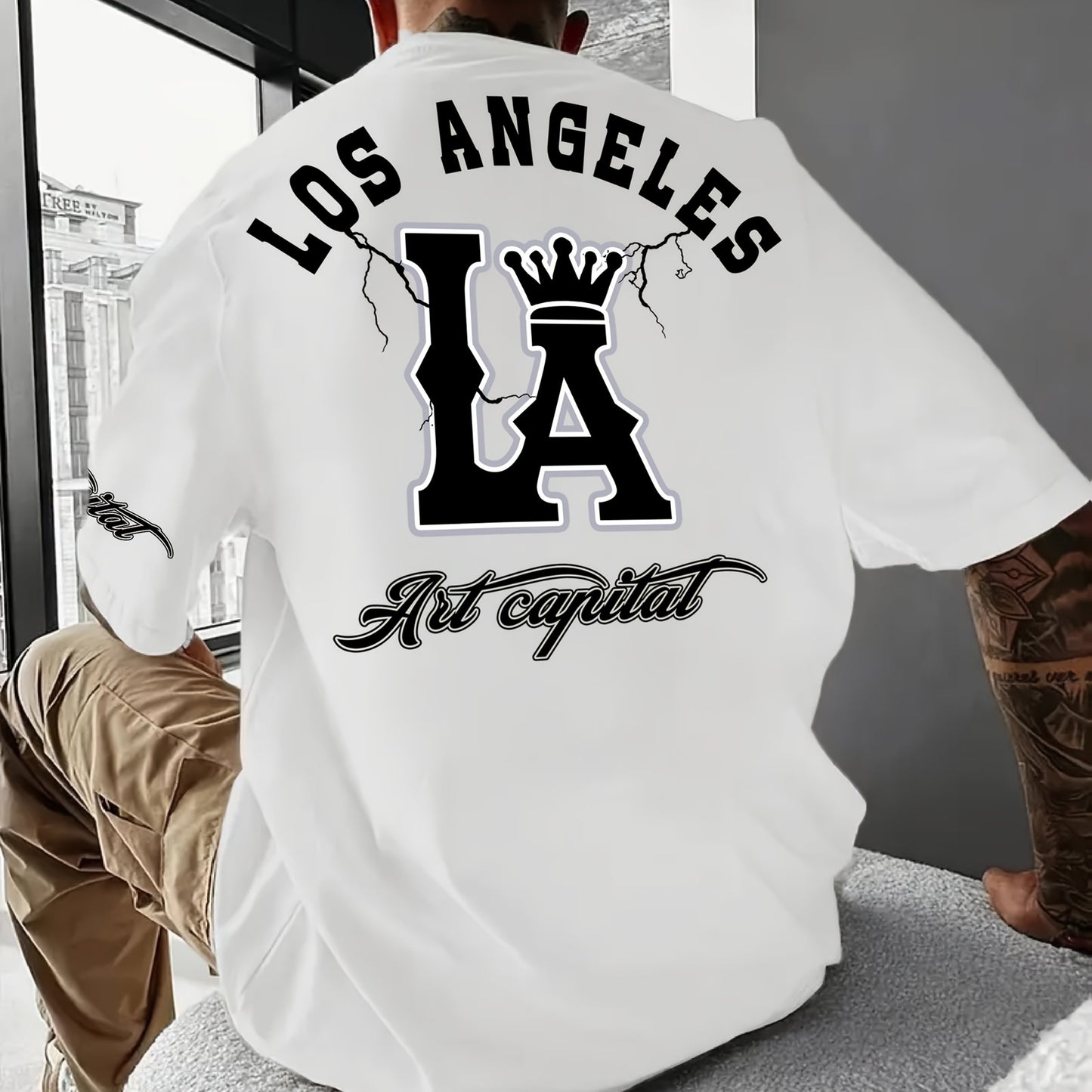Men's Casual LA Graphic T-Shirt - Breathable Stretch Fabric, Oversized Fit with Crown & Script Lettering, Beige Summer Tee for Outdoor Activities & Casual Attire, Machine Washable, Leisure Clothing, Citythemed Apparel