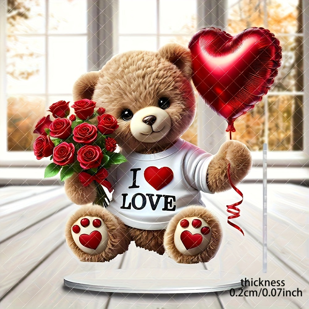 1pc, 2D Acrylic Flat, Charming Bohemian Style Acrylic Teddy Bear with Roses and Heart Balloons - "I Love" Design, 22.1x19.99 cm - Suitable for Home, Office, Garden, Ideal Gift