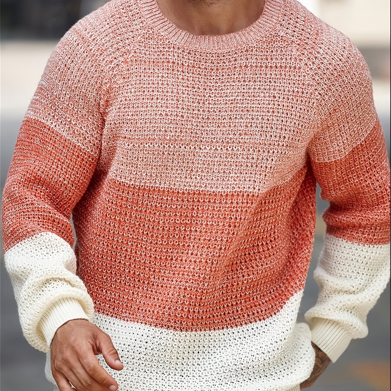 Men'S Casual Color Block Knit Pullover - Long Sleeve, Round Neck, Acrylic Fabric, Perfect for Fall/Winter Outings, School, and Casual Attir
