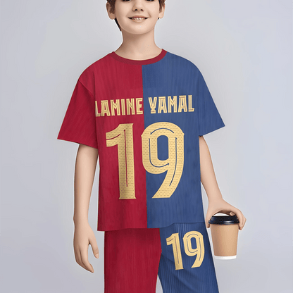 Boys' 3D Print Pattern Summer Short Sleeve Top and Shorts Set 2pcs with No.19 Jersey Print, Perfect for Outdoor