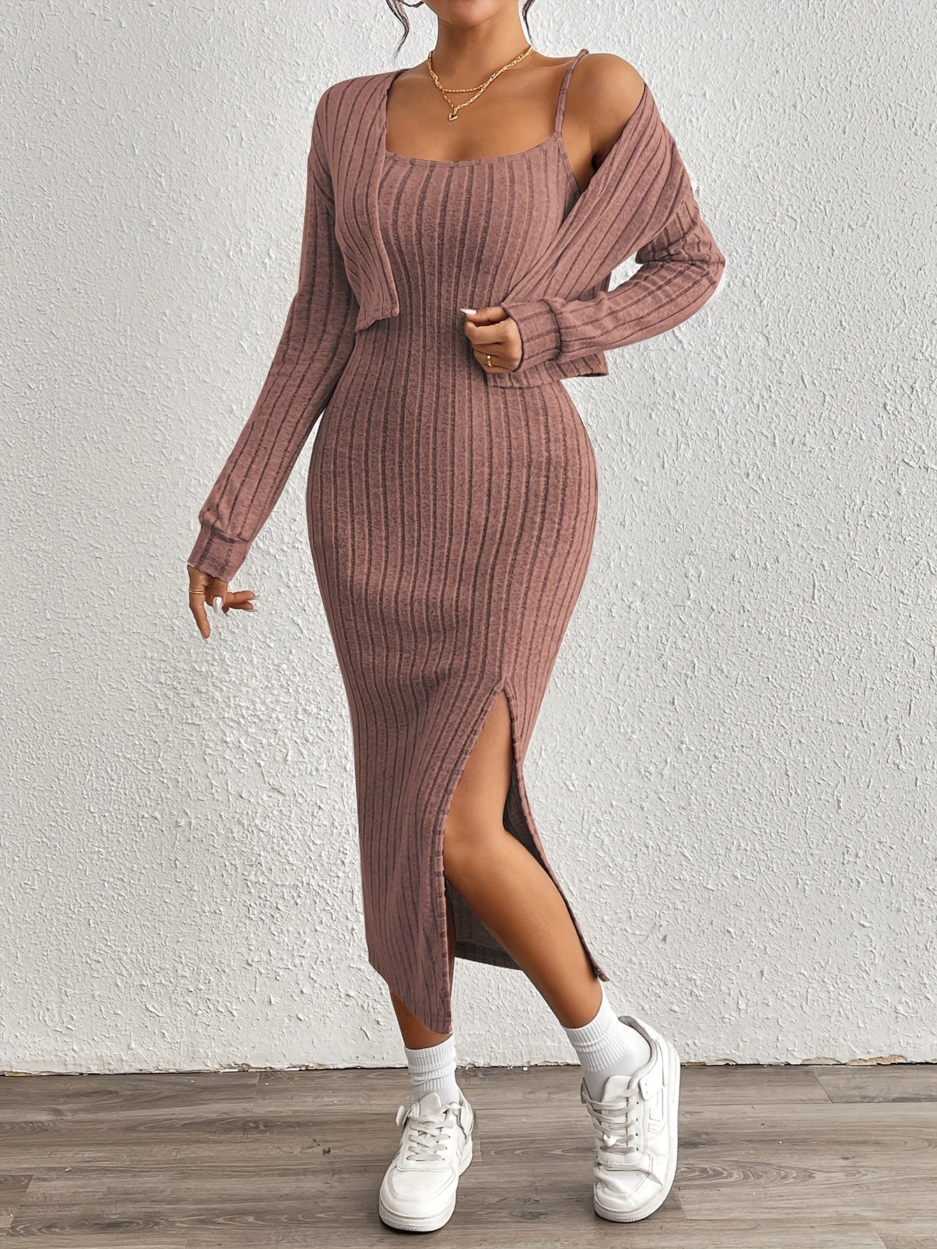 Simple y Fleece Two-Piece Dress and Jacket Set