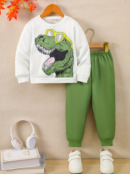 2pcs boys' casual sweatshirt and pants set with cool dinosaur print, perfect for autumn and winter seasons. Ideal as a gift or for leisure, sports, and vacation activities. Suitable for outdoor wear, Perfect for Outdoor