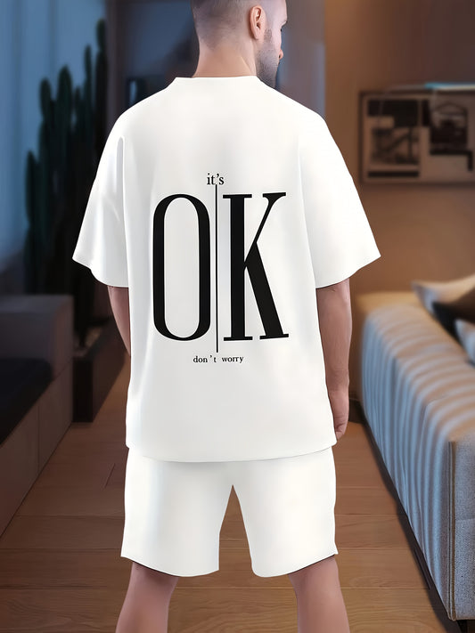 Men'S Casual Summer T-Shirt & Shorts Set - "OK" Print, Crew Neck, Short Sleeve, Regular Fit with Pockets, Comfortable for Home & Casual Attire, Relaxed Fit Clothing|Casual Style Shorts|Comfortable Fit