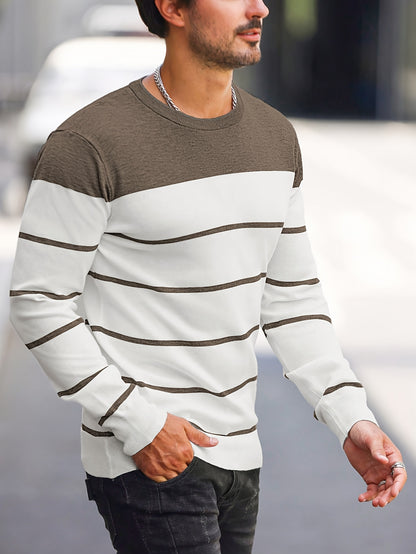 Men's Casual Striped Knit Pullover Sweater - Navy & White Contrast, Regular Fit H-Silhouette, Long Sleeve Crew Neck, Medium Stretch, Machine Washable for Spring & Fall, Mediumstretch Fabric