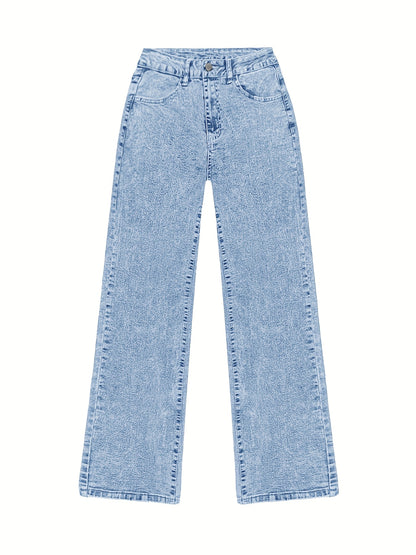 Women's 2025 new stretch loose wide leg straight jeans. acid wash light blue tummy control casual pants with pockets, high waisted comfort solid color pantalones, elegant ladies' clothing, denim trousers fit for travel, work