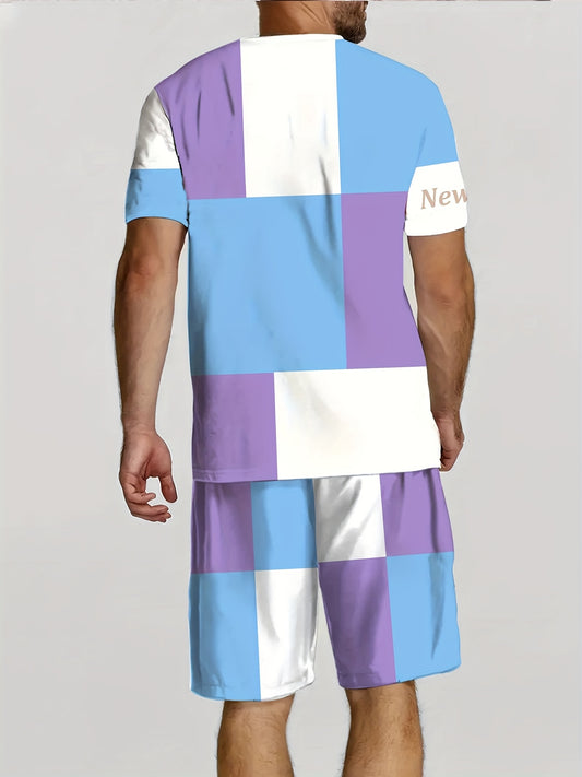 A fashionable Men's short-sleeved suit, a two-piece set of trendy patchwork color pattern round-neck T-shirt and drawstring shorts, with comfortable and breathable fabric suitable for summer