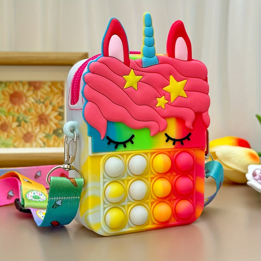Youngsters Silicone Crossbody Bag with Adjustable Strap - Colorful Cartoon Design, Zipper Closure & Multiple Compartments for School, Playtime, Everyday Use, Everyday Youngsters Bag | Unicorn Shaped Purse | Silicone Construct