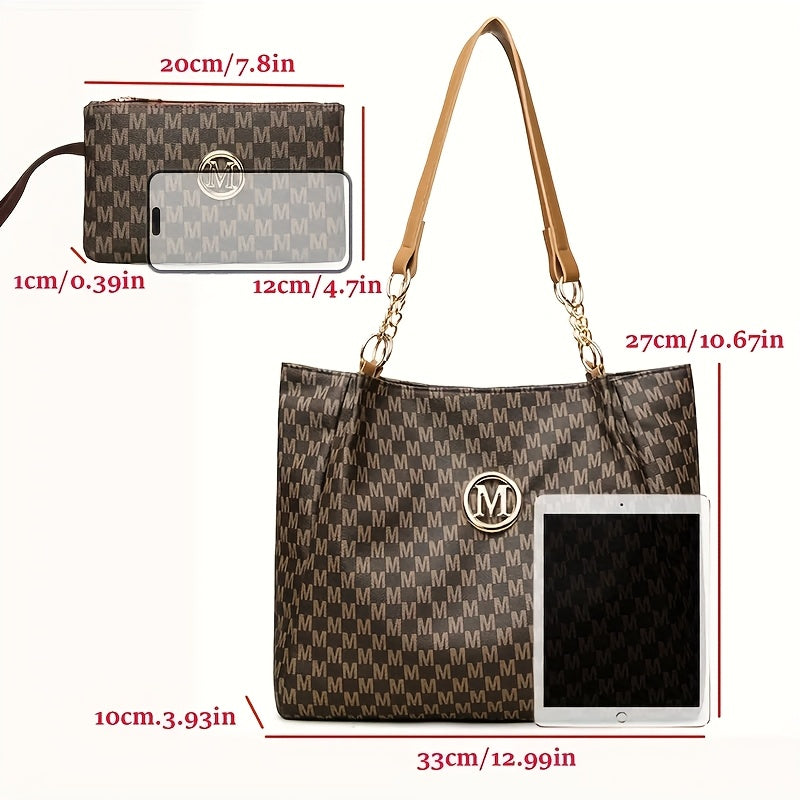 2pcs Women's Vintage Shoulder Bag Set, Large Capacity Tote Bag with Fixed Shoulder Strap, Synthetic, Zipper Closure, Polyester Lining, Lightweight, Random Print Design, Perfect for Daily Commuting and Carrying Cell Phones,
