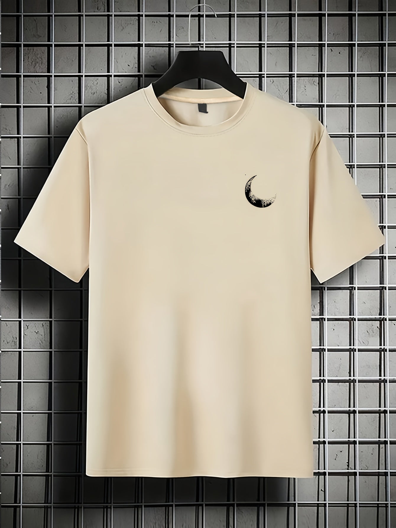 Men's Graphic Print Short Sleeve T-Shirt - Black Relaxed Fit Casual Round Neck, Durable Polyester Fabric, Machine Washable Summer Outdoor Top, Moon And Trees Design | Lightweight Clothing