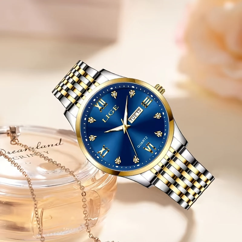 LIGE Women's Elegant Luxury Watch - Blue Dial with Roman Numerals, Quartz Movement, Battery-Powered Watch for Everyday, Formal, Travel - Perfect Gift for Valentine's, Birthdays, Anniversaries - Compatible with Formal & Casual
