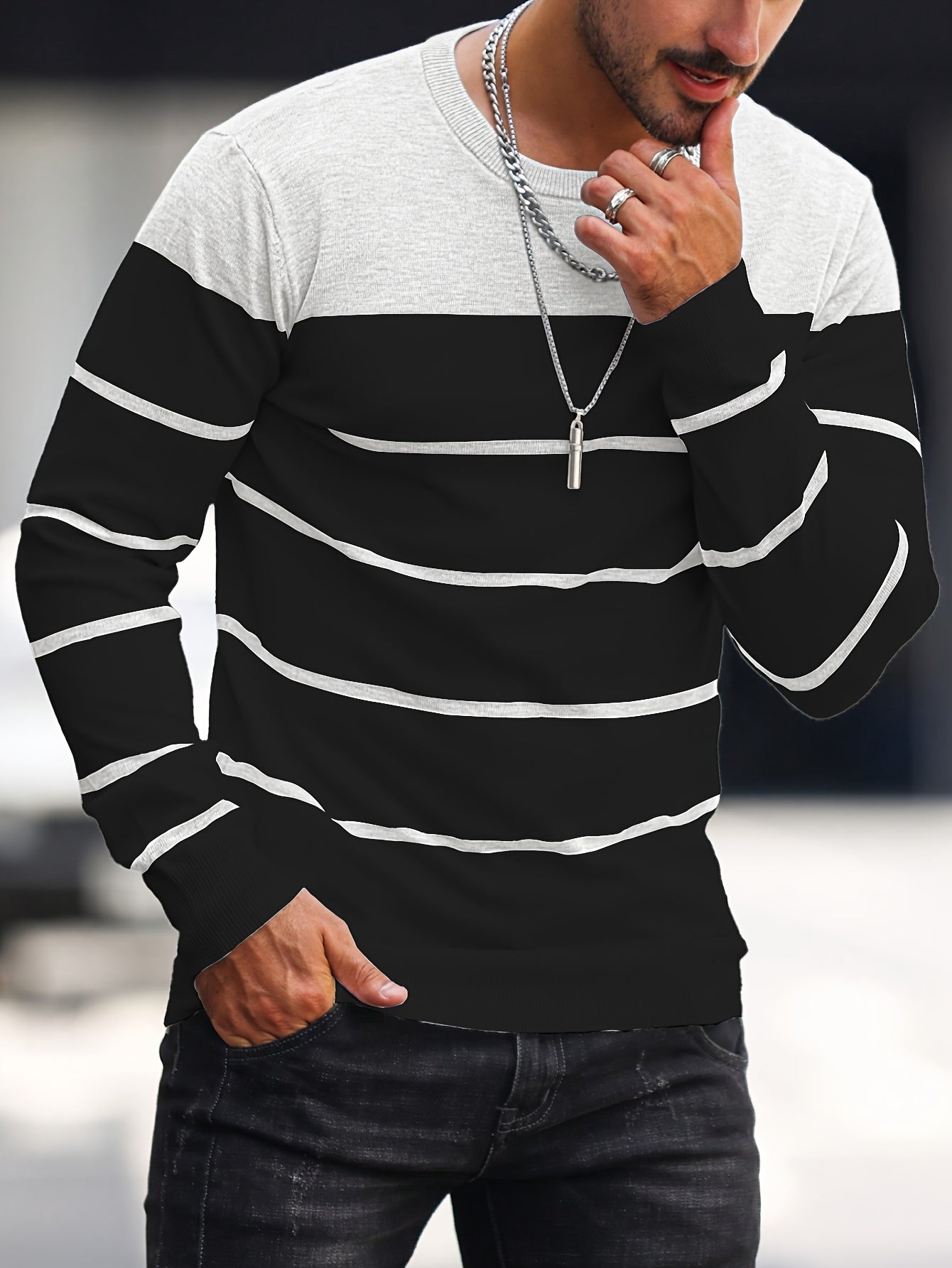 Men's Casual Striped Knit Pullover Sweater - Navy & White Contrast, Regular Fit H-Silhouette, Long Sleeve Crew Neck, Medium Stretch, Machine Washable for Spring & Fall, Mediumstretch Fabric