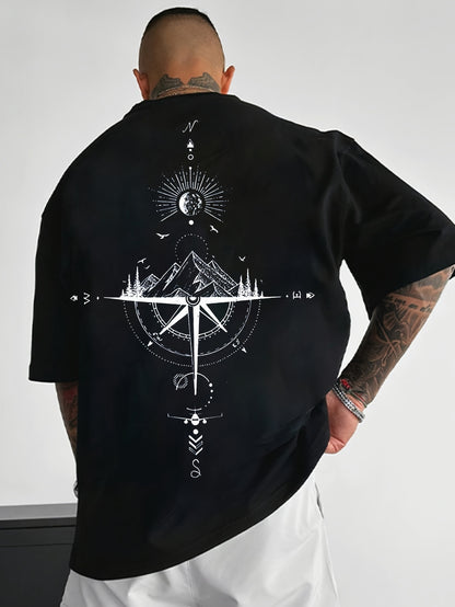 Men's Casual Compass Print T-Shirt - Breathable Polyester, Crew Neck, Short Sleeve - Perfect for Summer
