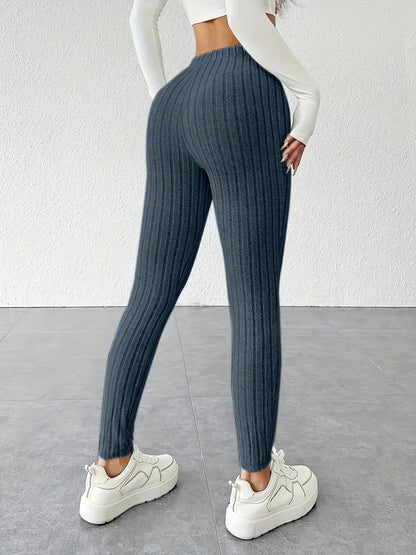 Women's Tie Waist Ribbed Bodycon Leggings - Medium-Stretch All-Season Casual Pants, Solid Color Non-See-Through Machine Washable for Casual Attire & Layering, High Waisted Leggings, Versatile Bottoms, Sleek Fit, Comfortable F