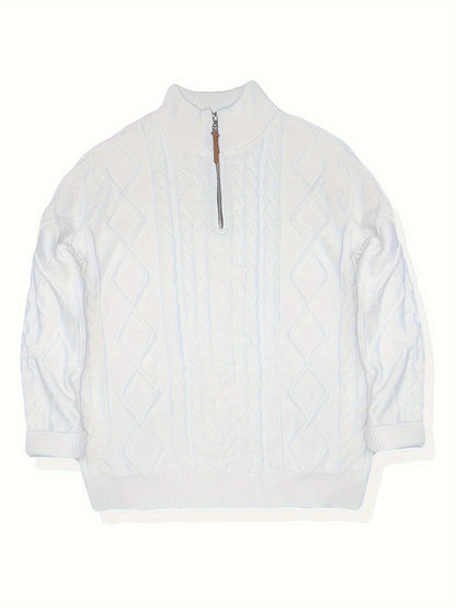 Men's Sweater, Half-High Collar Zip-Up Cable Knit Pullover with Adjustable Neckline, Classic Cable Weave Design, Minimalist and Versatile for Casual Wear, Mature and Stylish Look, Perfect for Autumn and Winter Seasons, Combin