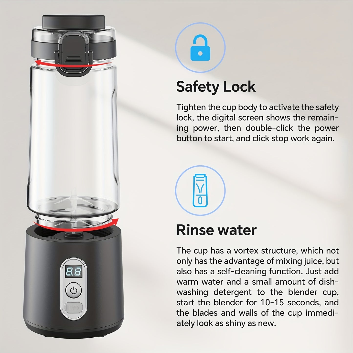 USB Rechargeable Portable Blender with Digital Timer Display, 10-Cup Capacity, Detachable & Easy-Clean Design for Smoothies, Juices, Protein Shakes - Ideal for Gym, Travel, Home Use, Smoothie Blender Portable, Juice Preparati