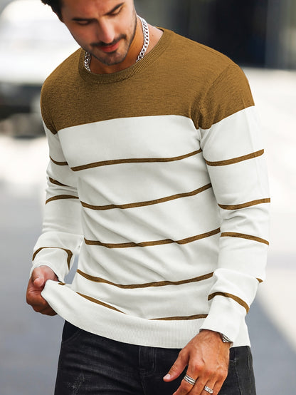 Men's Casual Striped Knit Pullover Sweater - Navy & White Contrast, Regular Fit H-Silhouette, Long Sleeve Crew Neck, Medium Stretch, Machine Washable for Spring & Fall, Mediumstretch Fabric