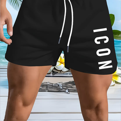 Men'S Quick-Dry Beach Shorts - Breathable, Sun-Protective Lightweight Running & Hiking Shorts with "ICON" Geometric Print, Elastic Waistband, Side Pockets, Casual Outdoor Activewear, Beach Shorts