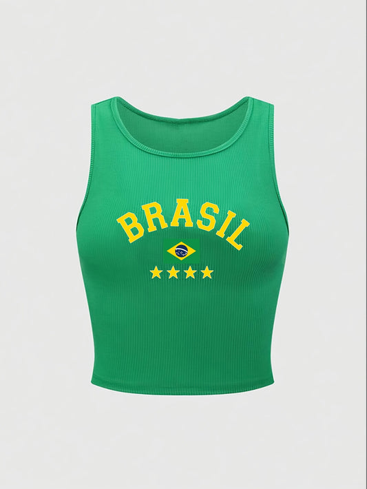 Y2K Style Cropped Sleeveless Tank Top - BRASIL Flag Print Slim Fit Women's Summer Top, Vibrant Green & Yellow Graphic, Machine Washable Casual Streetwear, Festive Outfit, Fashion-Forward Design, Smooth Texture