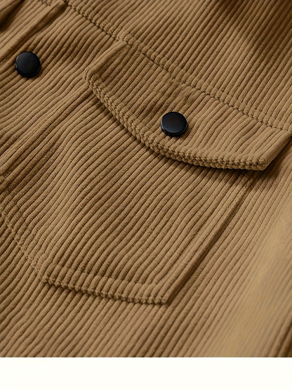 Men'S Plus Size Corduroy Bomber Jacket - Casual Workwear with Snap Buttons, Flap Pockets, and Polyester Lining - Machine Washable, Autumn & Spring Fashion, Casual Outerwear | Casual Jacket | Polyester Lining Jacket