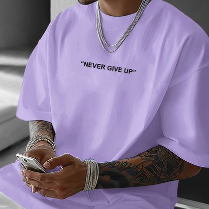 Men's "Never Give Up" Graphic Print Casual T-Shirt - Comfortable Crew Neck, Short Sleeve, Loose Fit for Spring & Summer, White Polyester Tee for Casual Attire, Casual Summer Wear | Loose Fit Top | Smooth Texture
