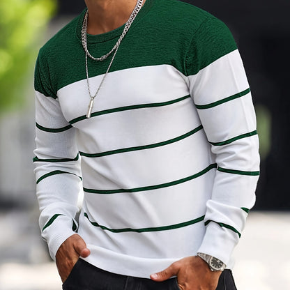 Men's Casual Striped Knit Pullover Sweater - Navy & White Contrast, Regular Fit H-Silhouette, Long Sleeve Crew Neck, Medium Stretch, Machine Washable for Spring & Fall, Mediumstretch Fabric