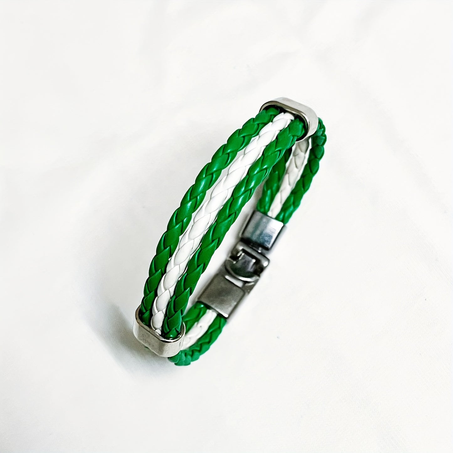 Handmade Braided Red, White, and Green Flag Faux Leather Bracelet - Fashionable Faux Leather Accessory with Metal Buckle, Ideal for National Holiday Celebrations, National Holiday Gift|Festive Accessory|Durable Faux Leather,