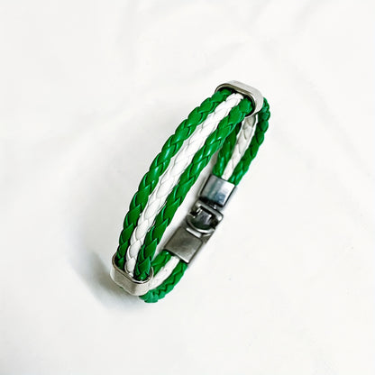 Handmade Braided Red, White, and Green Flag Faux Leather Bracelet - Fashionable Faux Leather Accessory with Metal Buckle, Ideal for National Holiday Celebrations, National Holiday Gift|Festive Accessory|Durable Faux Leather,