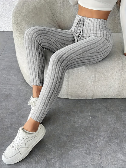 Women's Tie Waist Ribbed Bodycon Leggings - Medium-Stretch All-Season Casual Pants, Solid Color Non-See-Through Machine Washable for Casual Attire & Layering, High Waisted Leggings, Versatile Bottoms, Sleek Fit, Comfortable F