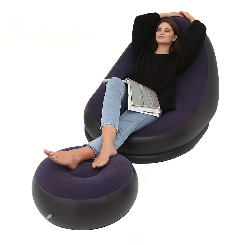 Portable Inflatable Sofa Footrest Set/Single Stool, Foldable Lounge Chair with Comfortable Velvet Upholstery, Ideal for Camping, Hiking, and Sunbathing, Includes Free Pump