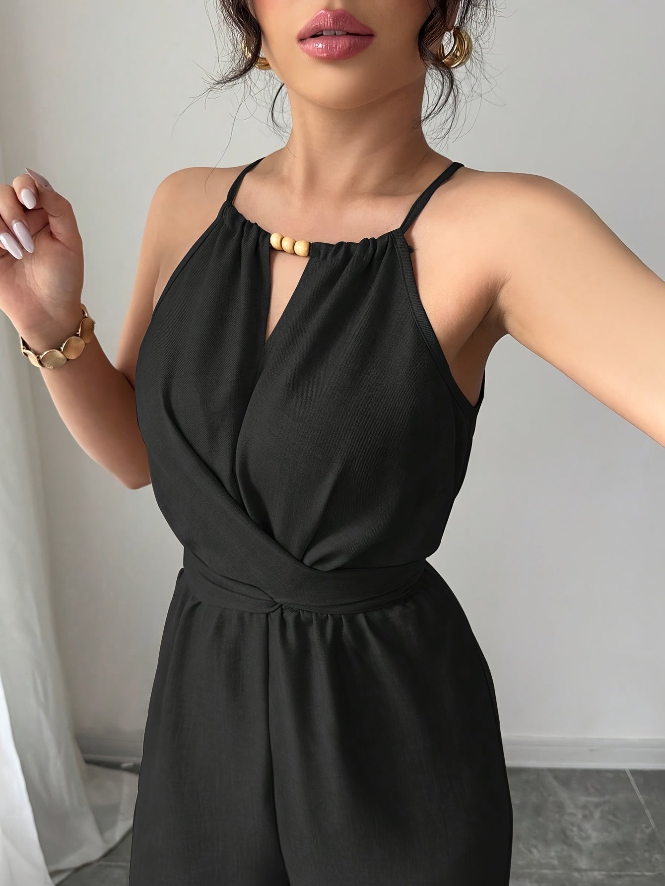 Women'S Elegant Off-Shoulder Twist Front Jumpsuit - Beige Wide-Leg Jumpsuit with Adjustable Waist Tie, Perfect for Spring & Summer Casual or Dressy Outfits, Casual Chic Wear | Offshoulder Fashion | Polyester Fabric